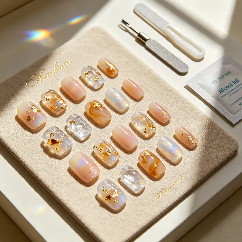 Amber gold foil finish, handcrafted press-on nails