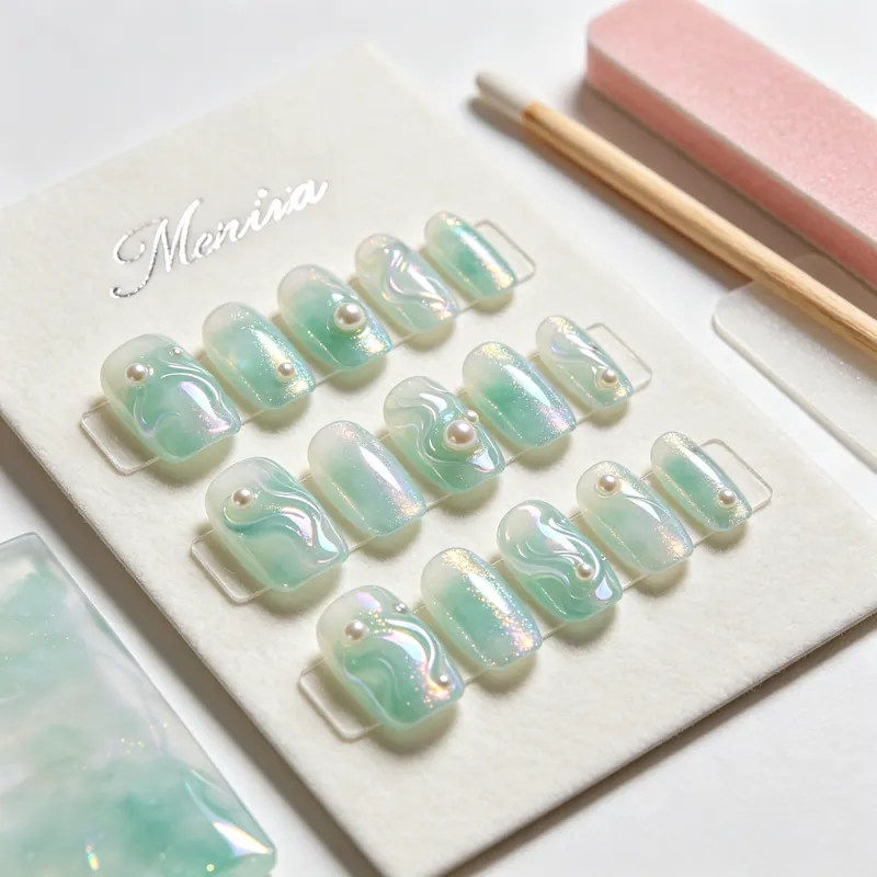 Mint pearl finish, handcrafted press-on nails